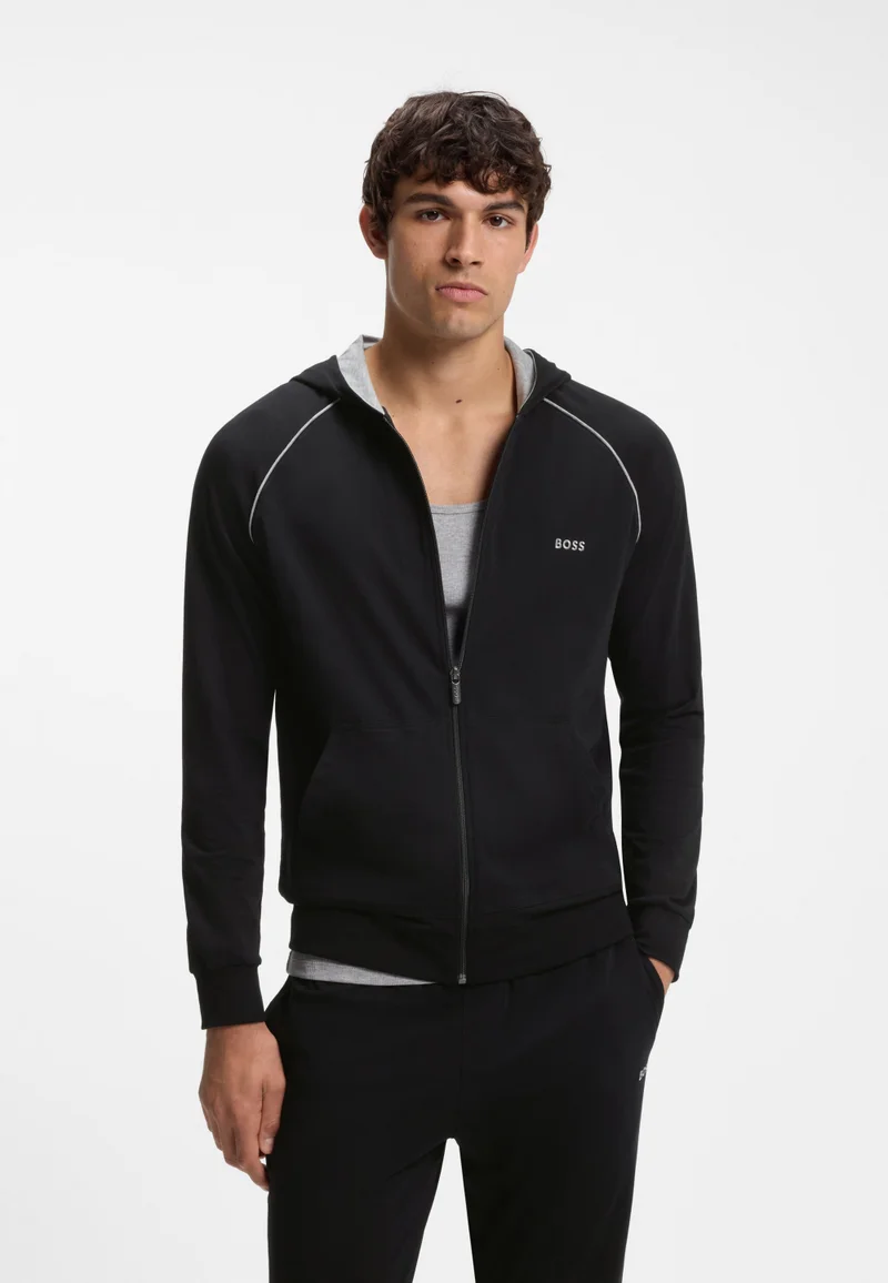 BOSS Zip-up hoodie in stretch cotton with contrast piping