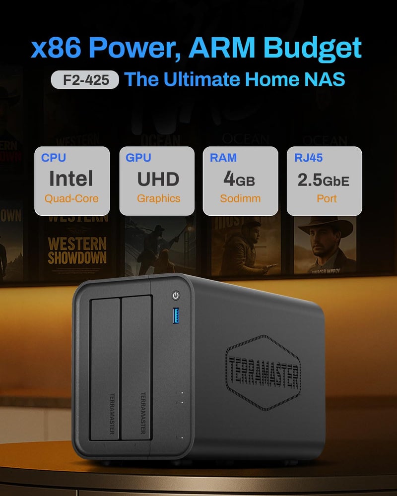 TERRAMASTER F2-425 2-Bay NAS Storage - Intel x86 Quad-Core CPU, 4GB RAM, 2.5GbE LAN, Network Attached Storage Multimedia Server for Home Users (Diskless) - Image 2