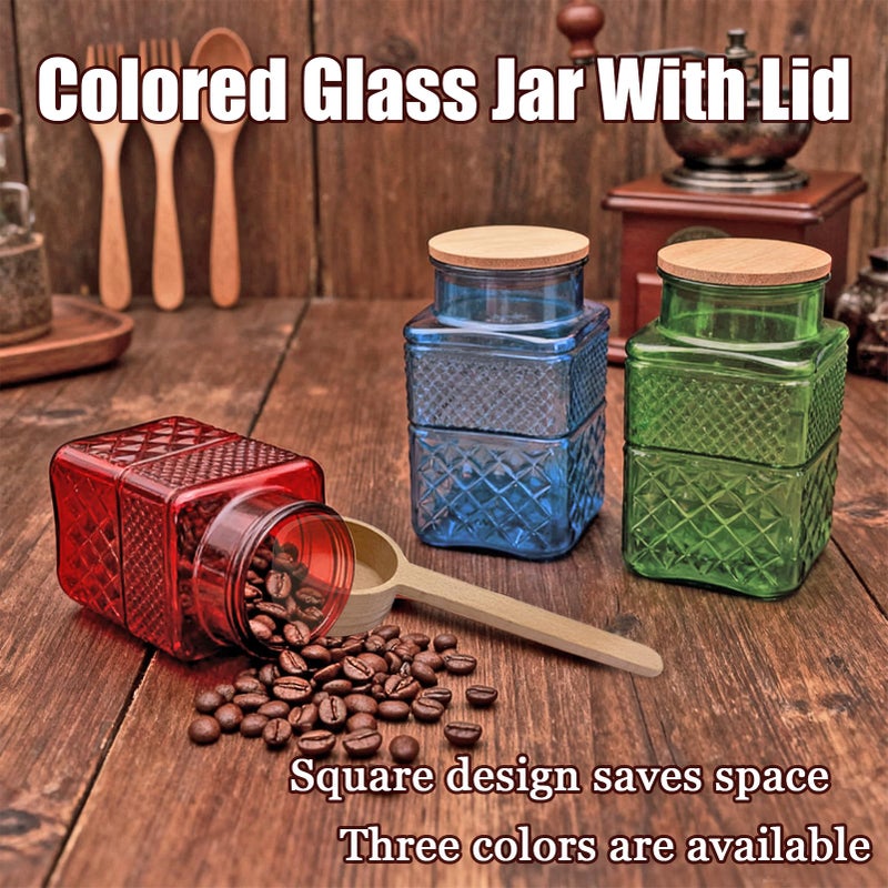 Coriario 60oz Vintage Glass Jar with Airtight Lid and Wood Spoon Blue Square Glass Storage Canisters Jars for Food Candy Flour Sugar Cookie Coffee Tea Decorative Vase - Image 3