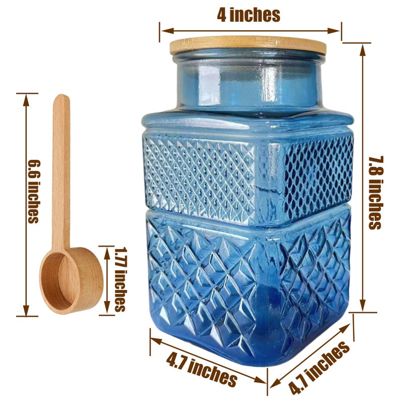 Coriario 60oz Vintage Glass Jar with Airtight Lid and Wood Spoon Blue Square Glass Storage Canisters Jars for Food Candy Flour Sugar Cookie Coffee Tea Decorative Vase - Image 2