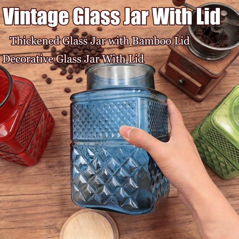Coriario 60oz Vintage Glass Jar with Airtight Lid and Wood Spoon Blue Square Glass Storage Canisters Jars for Food Candy Flour Sugar Cookie Coffee Tea Decorative Vase - Image 4