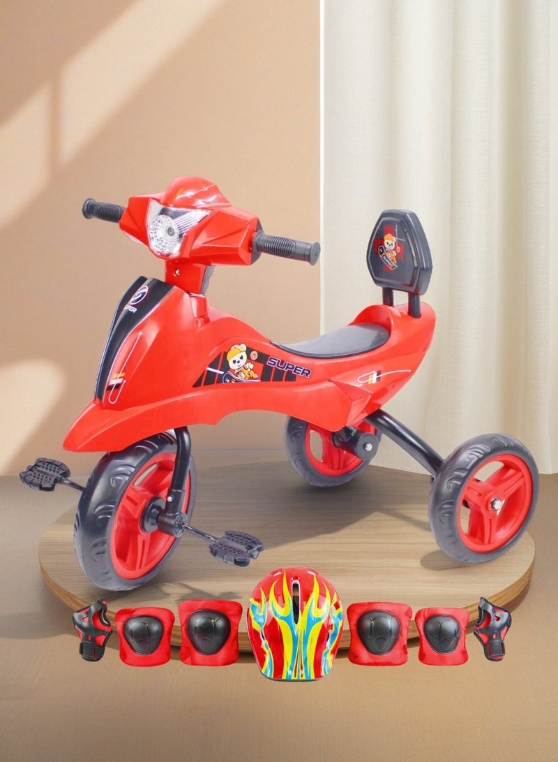 إيزي فيتشور لعبة دراجة ثلاثية العجلات للأطفال من إيزي فيوتشر مزودة بإضاءة وموسيقى - دراجة للأطفال، متوفرة باللون الأزرق/الأحمر/الوردي، تتضمن العبوة مجموعة كاملة من معدات الحماية - Image 1