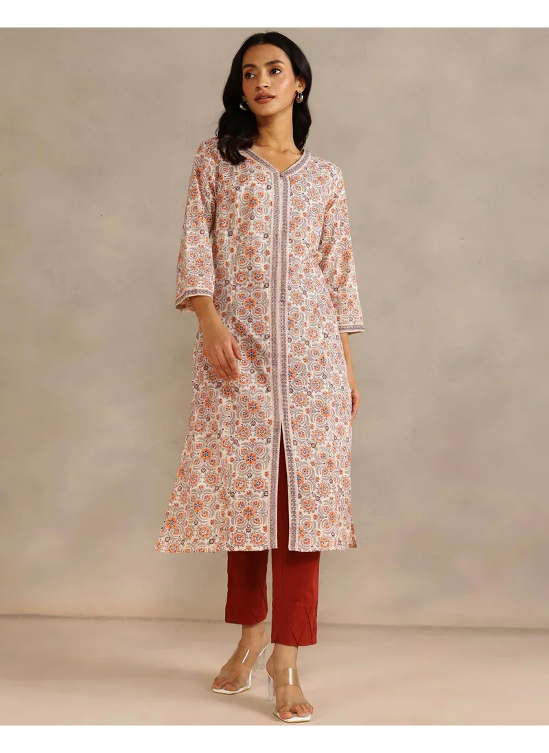 Fabindia Orange Cotton Hand Block Printed Long Kurta