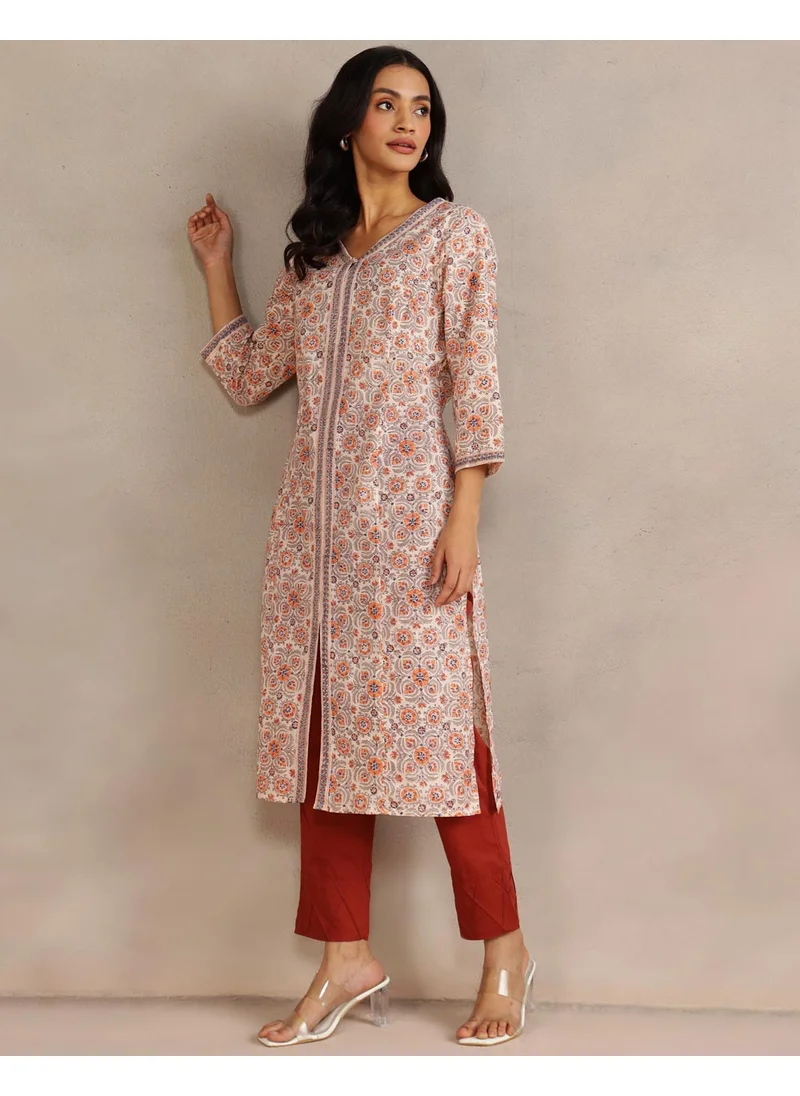 Fabindia Orange Cotton Hand Block Printed Long Kurta