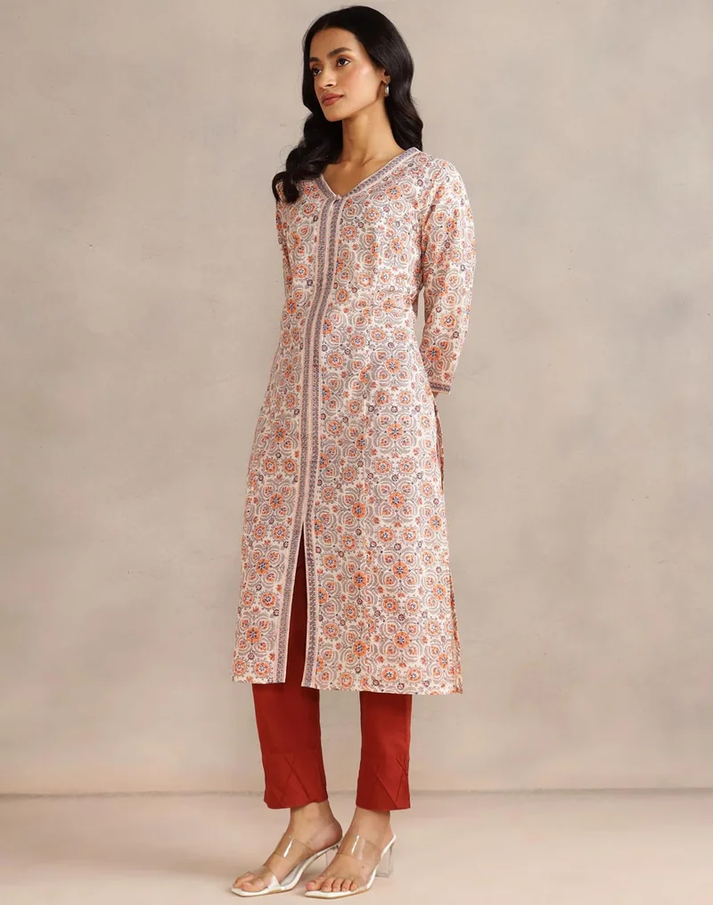 Fabindia Orange Cotton Hand Block Printed Long Kurta