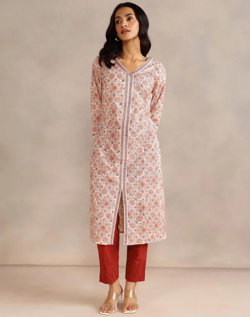 Fabindia Orange Cotton Hand Block Printed Long Kurta