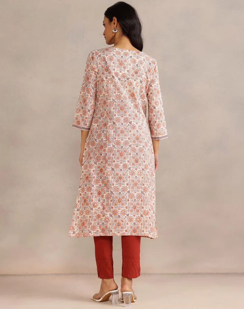 Fabindia Orange Cotton Hand Block Printed Long Kurta