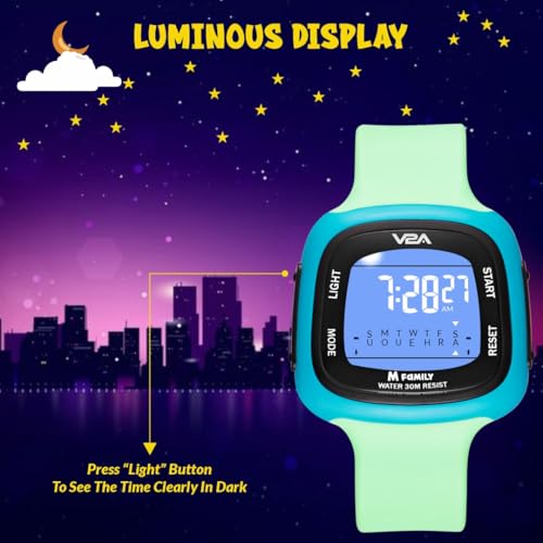 V2A Kids Resin Watch Gifts For Boys And Girls Age 4-13 For Multi-Functional 30 M Waterproof Digital Sports Watches For 4 5 6 7 8 Year Old Boy And Girls|Birthday Gift For Kids (Green-Blue) - Image 5