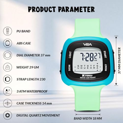 V2A Kids Resin Watch Gifts For Boys And Girls Age 4-13 For Multi-Functional 30 M Waterproof Digital Sports Watches For 4 5 6 7 8 Year Old Boy And Girls|Birthday Gift For Kids (Green-Blue) - Image 4