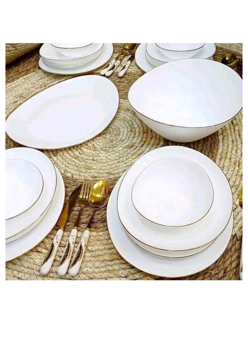 Houzi Houzi 26 Pcs Gold line Dinner Set  Opal Glassware 6 X Dinner plate 6 X Soup plate 6 X Dessert plate 6 x Bowl1 x Large Bowl 1 x Oval Plate  - Image 1