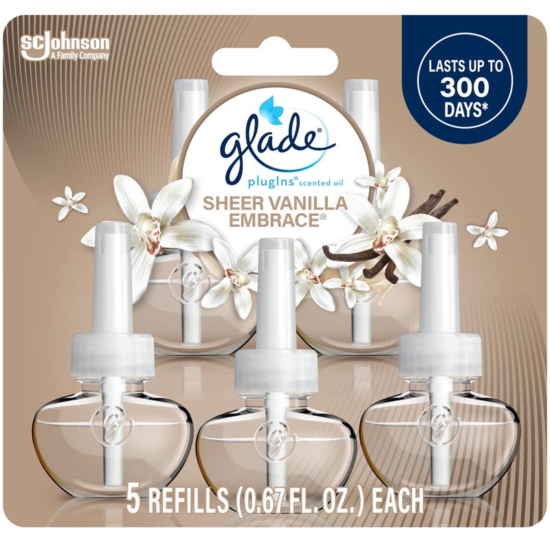 Glade PlugIns Refills Air Freshener Scented and Essential Oils for Home and Bathroom Sheer Vanilla Embrace 335 Fl Oz 5 Count