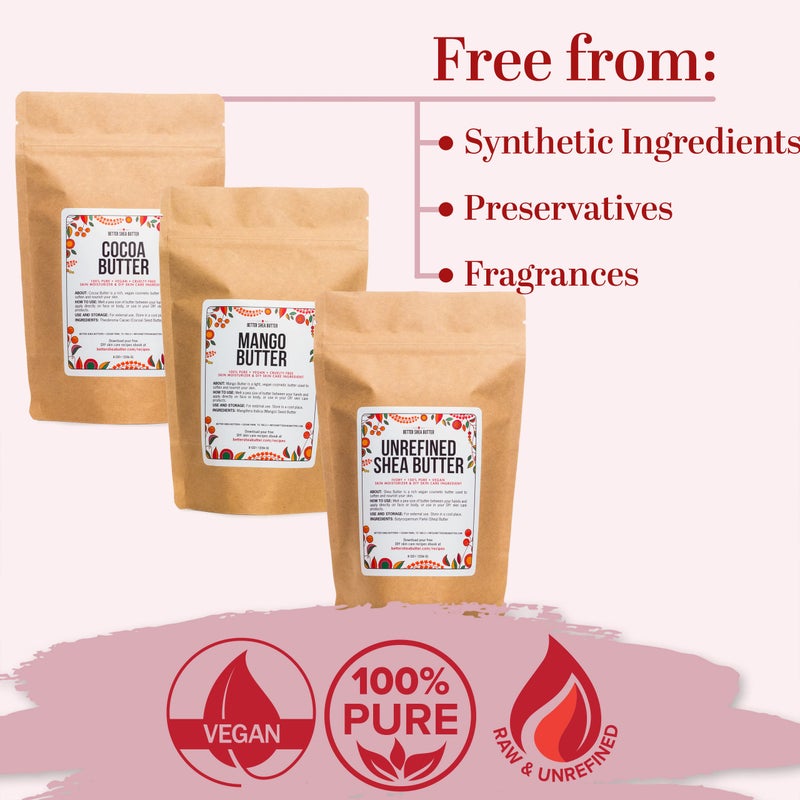 Better Shea Butter Set of Raw Shea Butter, Raw Mango Butter, Unrefined Cocoa Butter For Soap Making and DIY Body Butters, Lip Balms, Body Lotions - Each Jar is 8 oz Making 24 oz Total (3-Bar Set) - Image 2