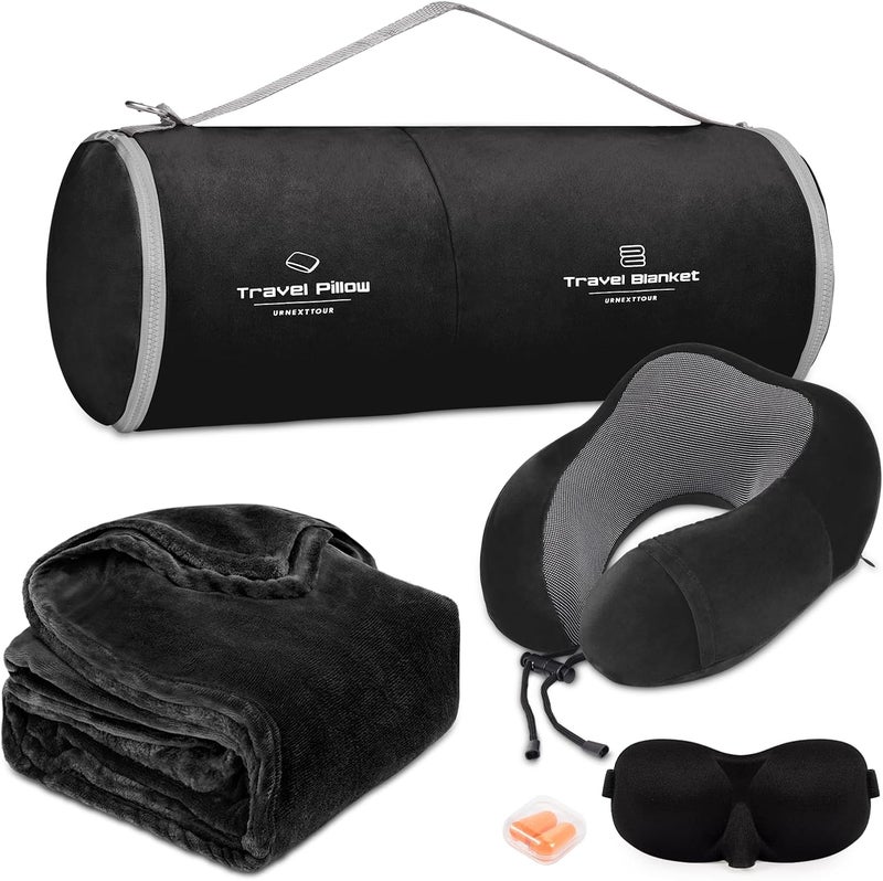 urnexttour Travel Pillow and Blanket Set Neck Pillows Travel Essentials with Sleep Mask for Airplane Car Memory Foam Black - Image 1