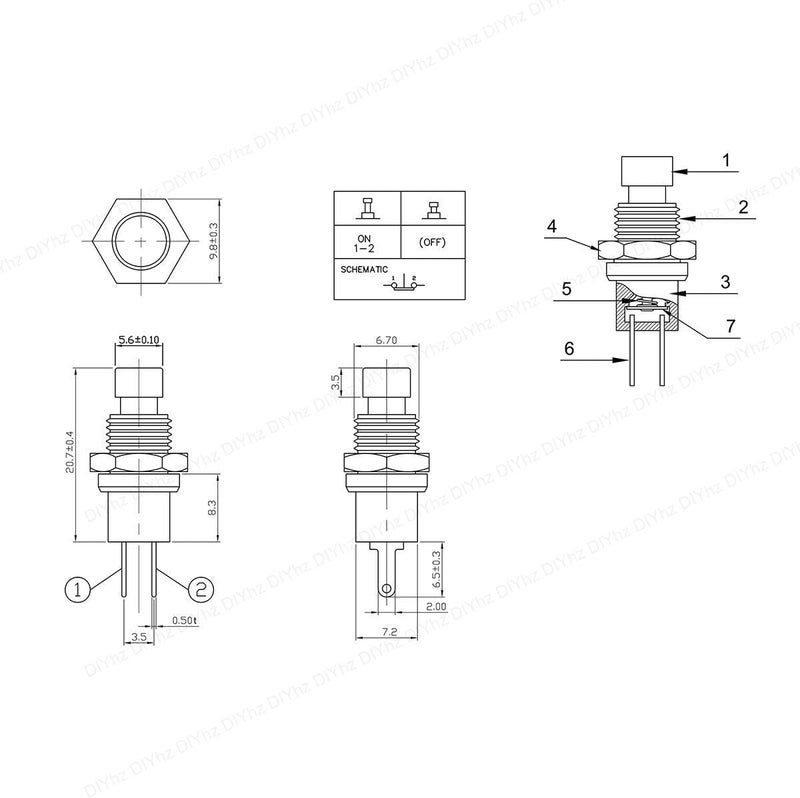 DIYhz مفتاح دفع لحظي، 1A 250VAC SPST مفاتيح دفع صغيرة مغلقة طبيعية (NC) غطاء أسود - 10 قطع - Image 5
