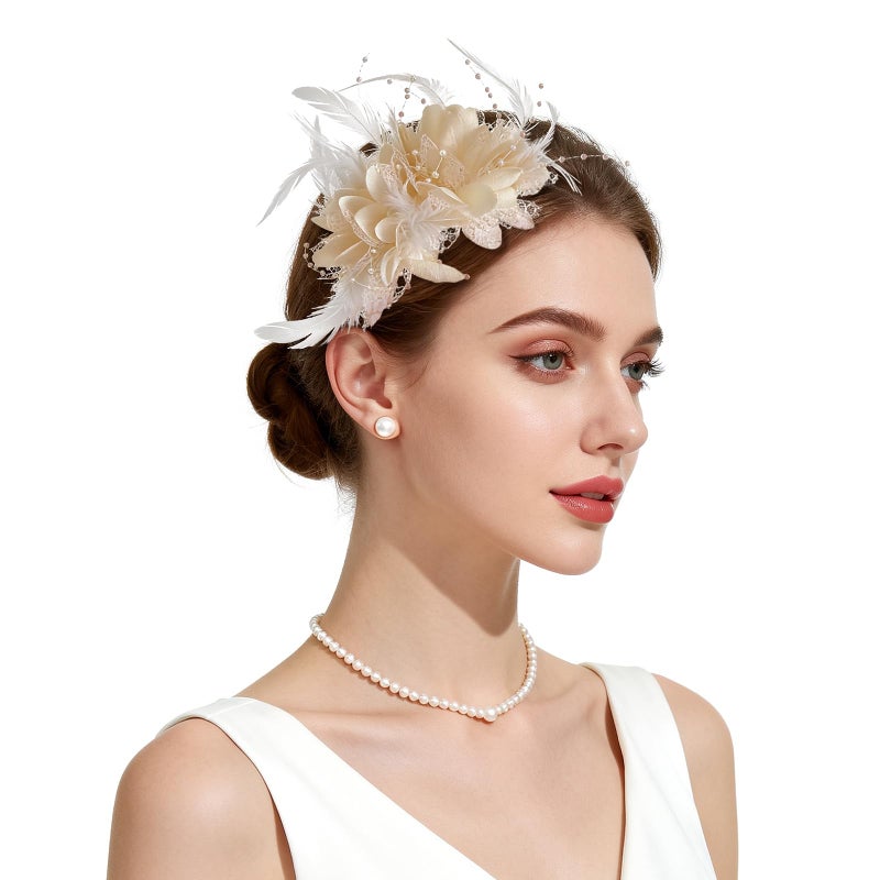 Revkokmx Womens Fascinators Hats Tea Party Hats for Women, Feather Pearl Headband for Wedding Cocktail Dresses Accessories Beige Hat - Image 1