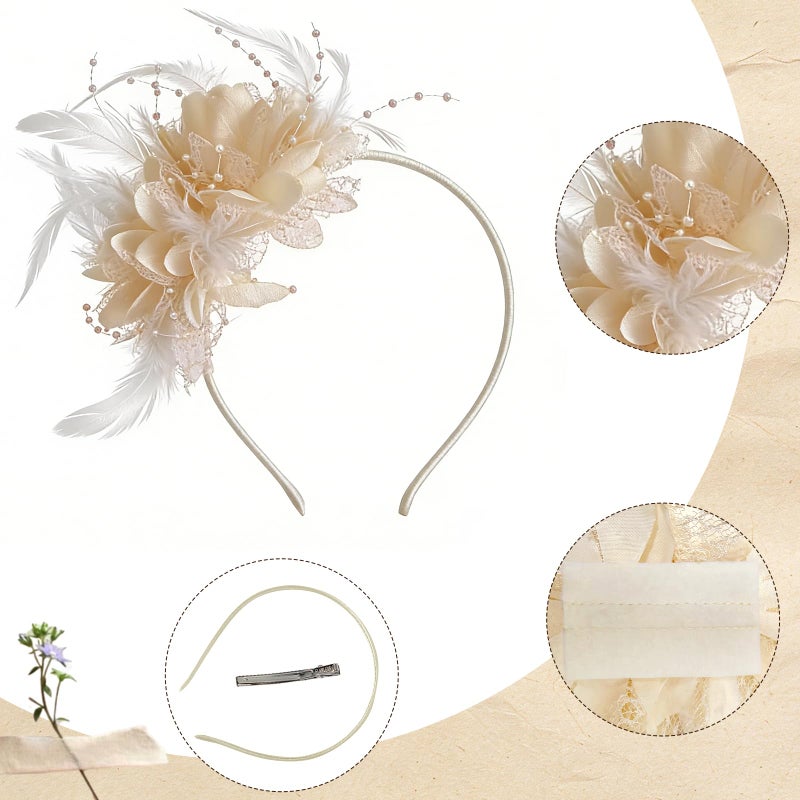 Revkokmx Womens Fascinators Hats Tea Party Hats for Women, Feather Pearl Headband for Wedding Cocktail Dresses Accessories Beige Hat - Image 3
