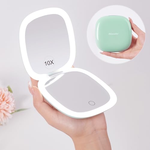 Mocado Compact LED Travel Makeup Mirror  4 Inches 1X10X Magnification Travel Mirror with Light Dimmable Double Sides Lighted USB Rechargeable Compact Mirror for PursePocketTravelPowdery Green