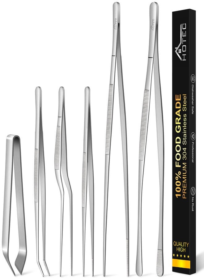 Hotec 6pcs Stainless Steel Kitchen Tweezer Set (12'' & 6.3'') - Professional Cooking Tweezers for Chefs, BBQ, Seafood, Baking & Repair - Image 1