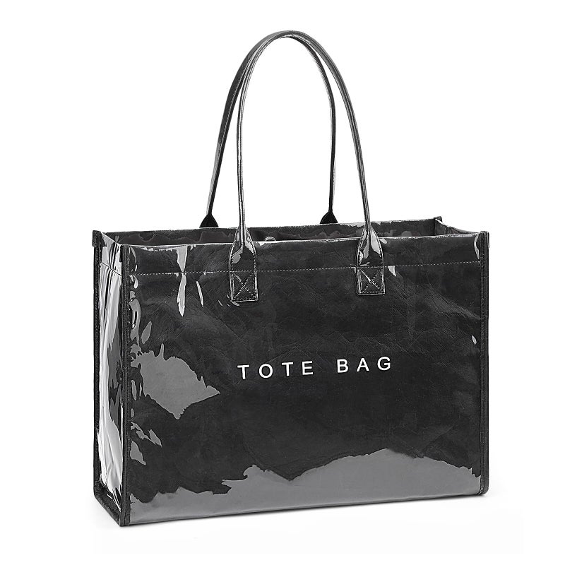 Lushandy PVC Tote Bag for Women, Large Plastic Tote Purse Work Kraft Paper Letter Print Shoulder Bag Carry All Hobo Handbag - Image 1