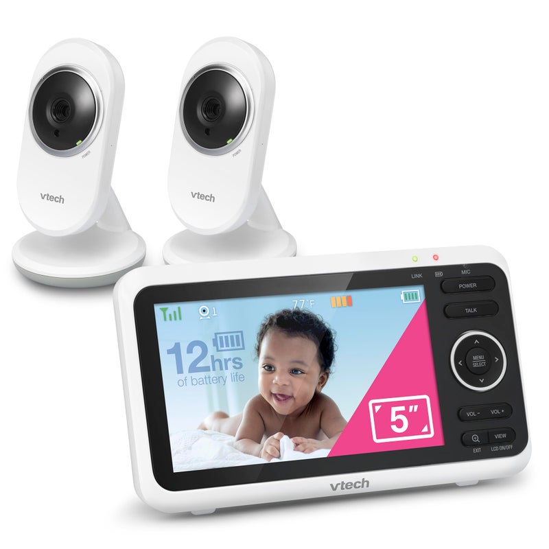 VTech [محدث] VM350-2 جهاز مراقبة الأطفال، شاشة 5 إنش، كاميرتان، مدى 1000 قدم، رؤية ليلية، صوت ثنائي الاتجاه، أغانٍ مهدئة، نقل آمن بدون واي فاي - Image 1