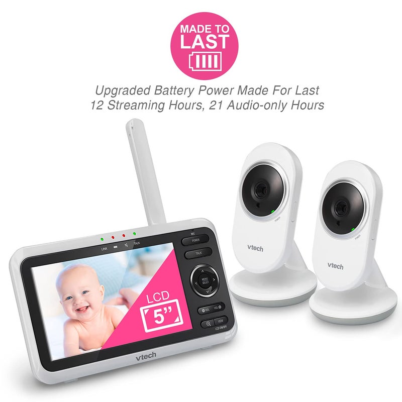VTech [محدث] VM350-2 جهاز مراقبة الأطفال، شاشة 5 إنش، كاميرتان، مدى 1000 قدم، رؤية ليلية، صوت ثنائي الاتجاه، أغانٍ مهدئة، نقل آمن بدون واي فاي - Image 3