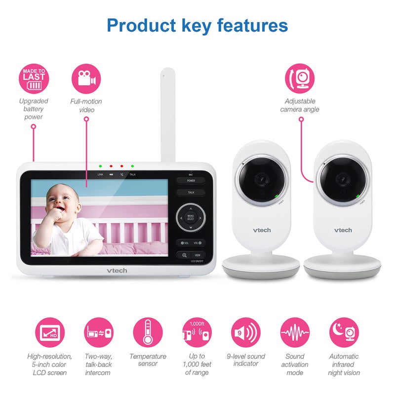 VTech [محدث] VM350-2 جهاز مراقبة الأطفال، شاشة 5 إنش، كاميرتان، مدى 1000 قدم، رؤية ليلية، صوت ثنائي الاتجاه، أغانٍ مهدئة، نقل آمن بدون واي فاي - Image 2