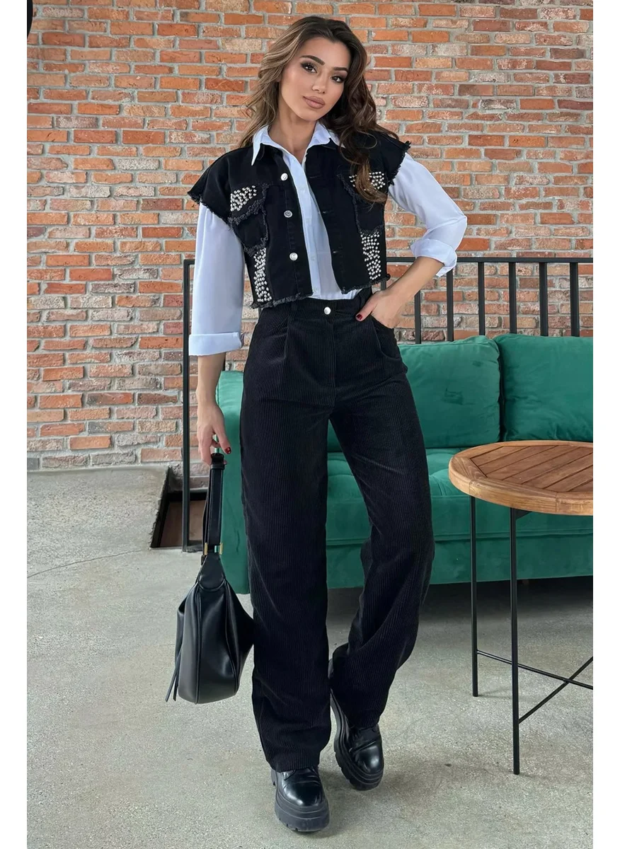 Gülseli Gulseli Women's Velvet Ribbed Wide Leg Trousers