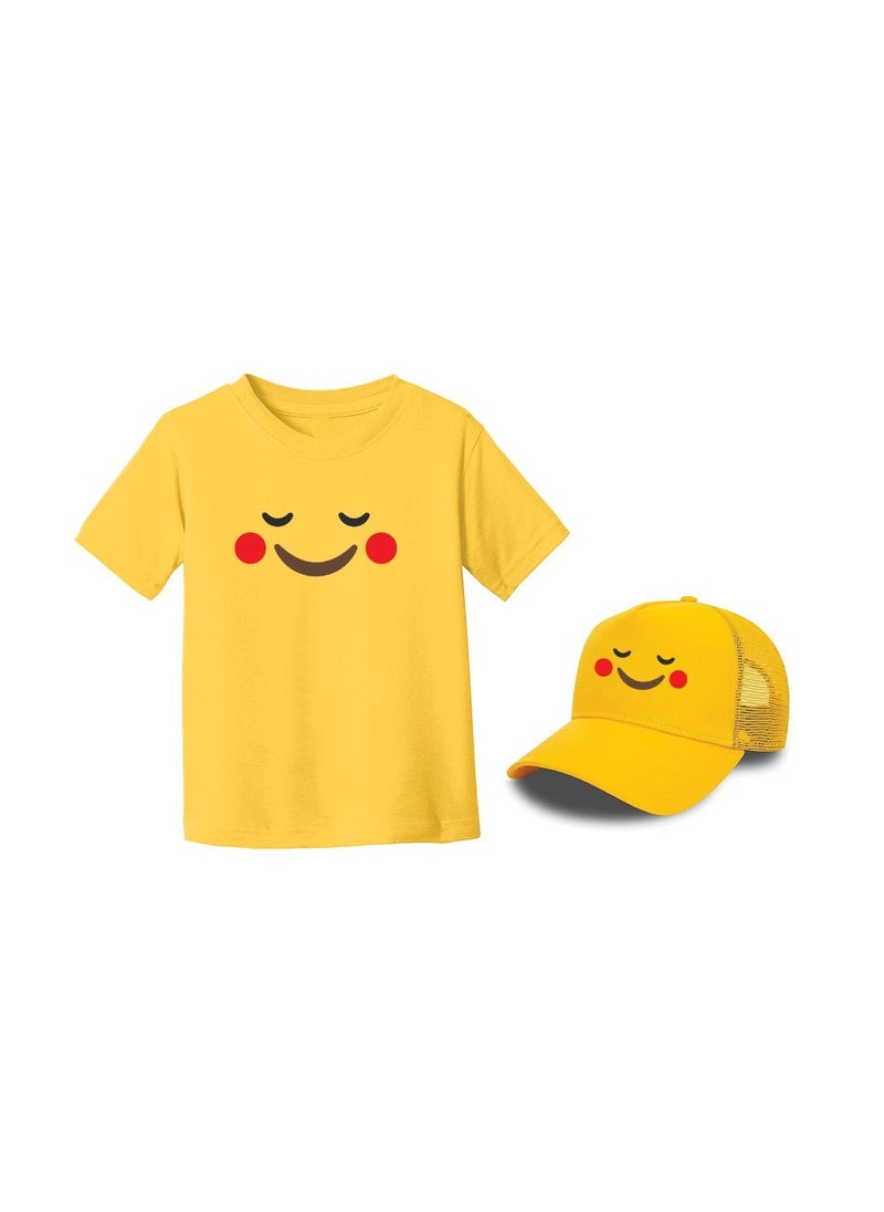 PRINTSHOP4ME - Kids Yellow Smiley Face Pack Of 2 T-Shirt And Cap Combo–Unisex Round Neck Short Sleeve Cotton T-Shirt - Image 1