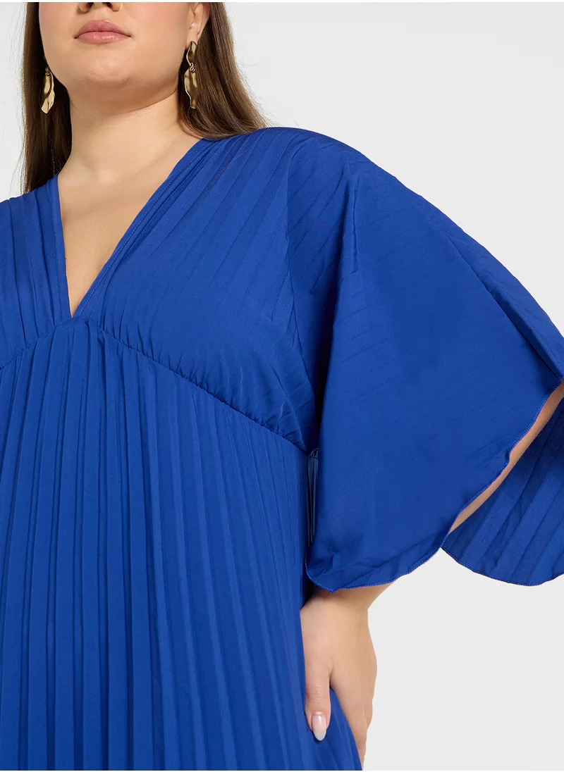 Ella Plus Deep Neck Pleated Dress