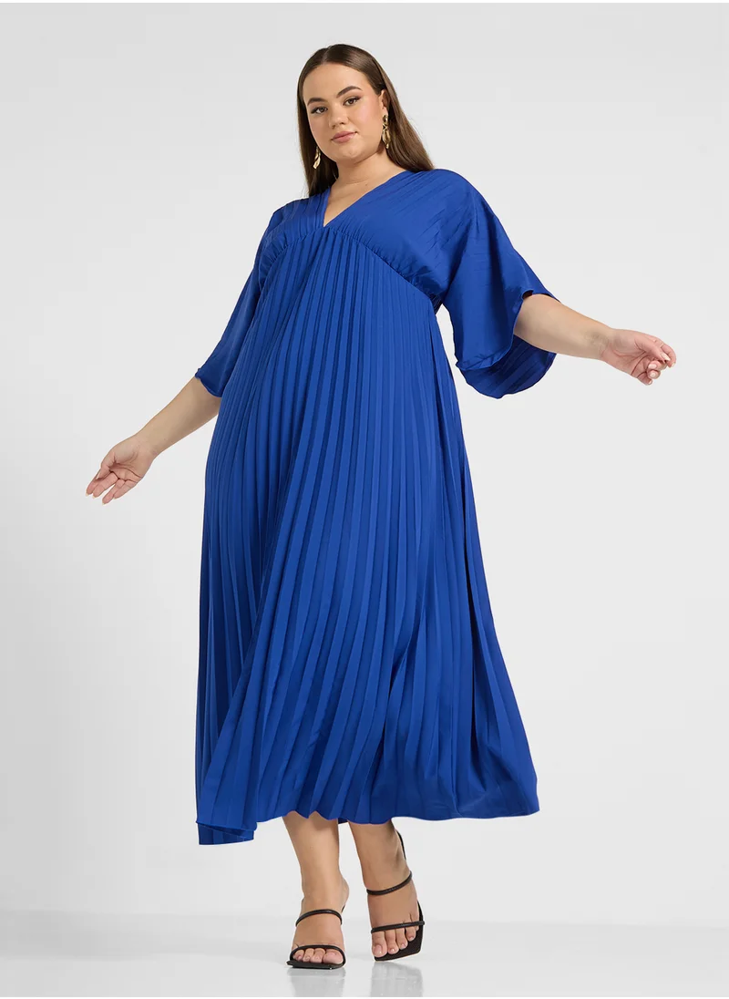 Ella Plus Deep Neck Pleated Dress