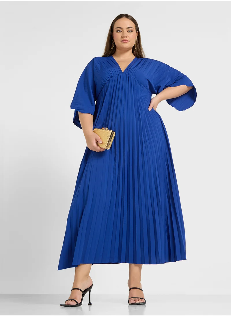 Ella Plus Deep Neck Pleated Dress