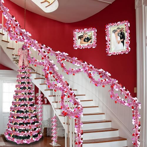 Sakayo 50 Ft Valentines Heart Tinsel Garland Decorations, Valentines Day Red Pink White Metallic Garland Valentine's Day Decorations for Home Indoor Outdoor Wedding Hanging Valentines Day Decor - Image 3
