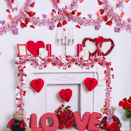 Sakayo 50 Ft Valentines Heart Tinsel Garland Decorations, Valentines Day Red Pink White Metallic Garland Valentine's Day Decorations for Home Indoor Outdoor Wedding Hanging Valentines Day Decor - Image 2