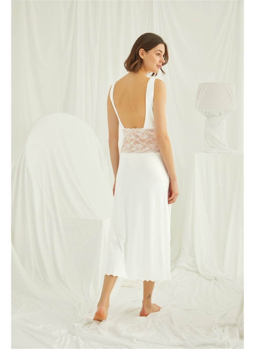 Monamise 18460 Women's Ecru Chest and Back Low-Cut Lace Slit Nightgown  - Image 4