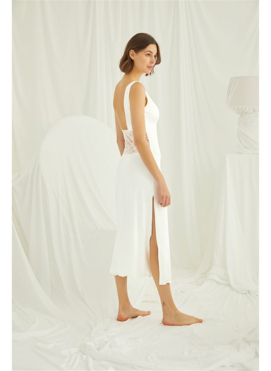 Monamise 18460 Women's Ecru Chest and Back Low-Cut Lace Slit Nightgown  - Image 3