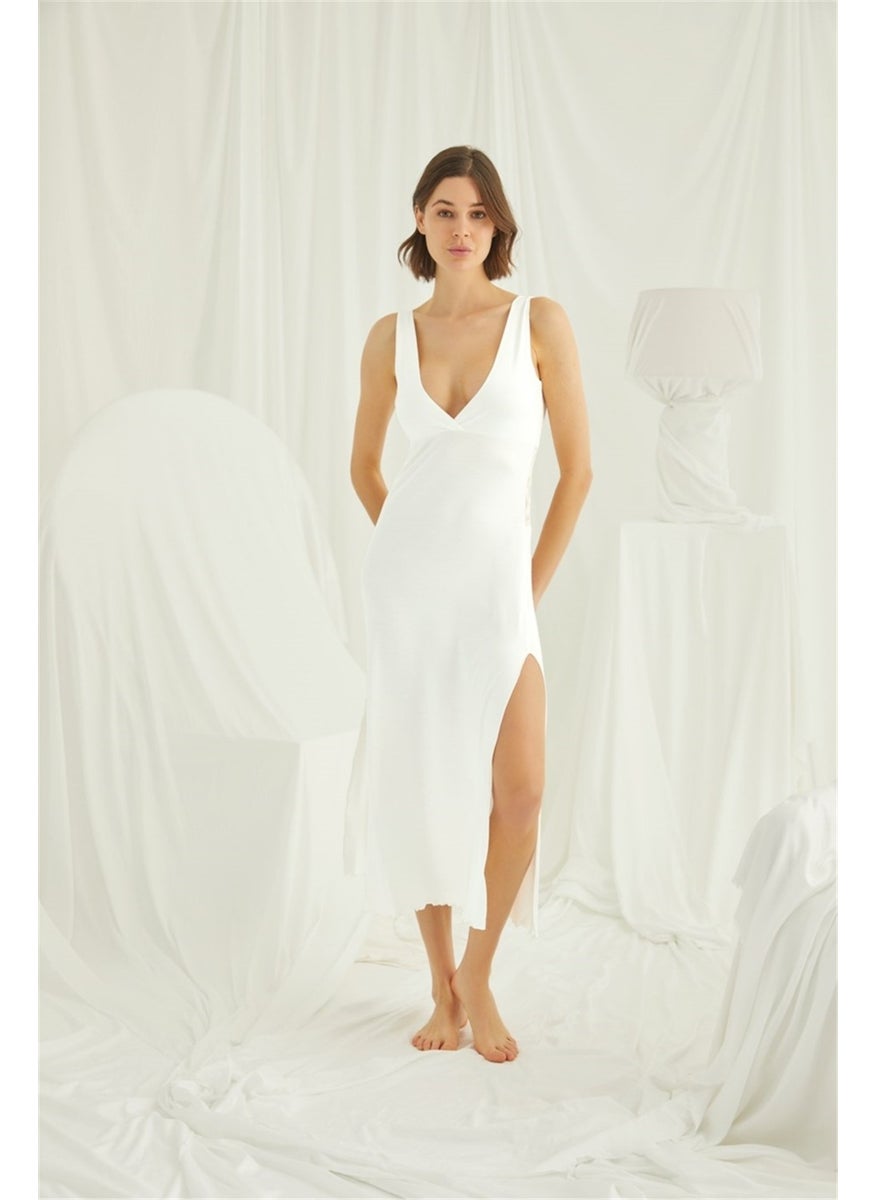 Monamise 18460 Women's Ecru Chest and Back Low-Cut Lace Slit Nightgown  - Image 1