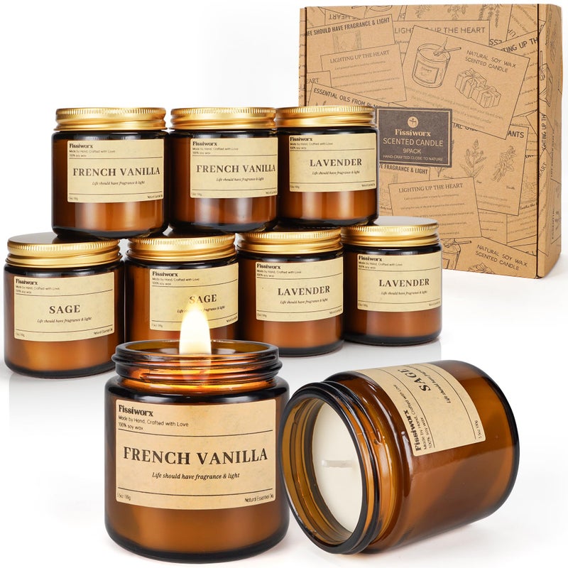 fissiworx 9 Pack Soy Candles for Home Scented |ï¼ˆVanilla/Lavender/Sageï¼‰ Long-Lasting 270 Hours, Natural Scented Candles Gift for Women & Men, Birthday, Motherâ€™s Day, Christmas, Thanksgiving - Image 1
