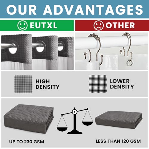 EUTXL Charcoal Grey No Hook Shower Curtain with Snap in Liner,230GSM Waffle Weave Shower Curtains for Bathroom,71W x 74H - Image 2