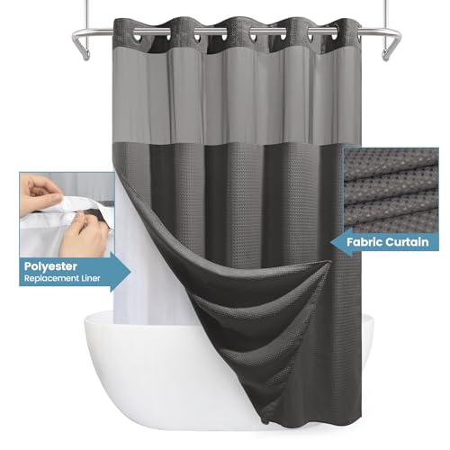 EUTXL Charcoal Grey No Hook Shower Curtain with Snap in Liner,230GSM Waffle Weave Shower Curtains for Bathroom,71W x 74H - Image 4