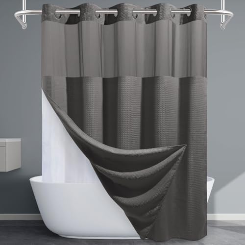 EUTXL Charcoal Grey No Hook Shower Curtain with Snap in Liner,230GSM Waffle Weave Shower Curtains for Bathroom,71W x 74H - Image 1
