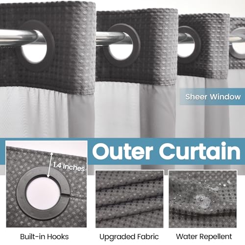 EUTXL Charcoal Grey No Hook Shower Curtain with Snap in Liner,230GSM Waffle Weave Shower Curtains for Bathroom,71W x 74H - Image 5