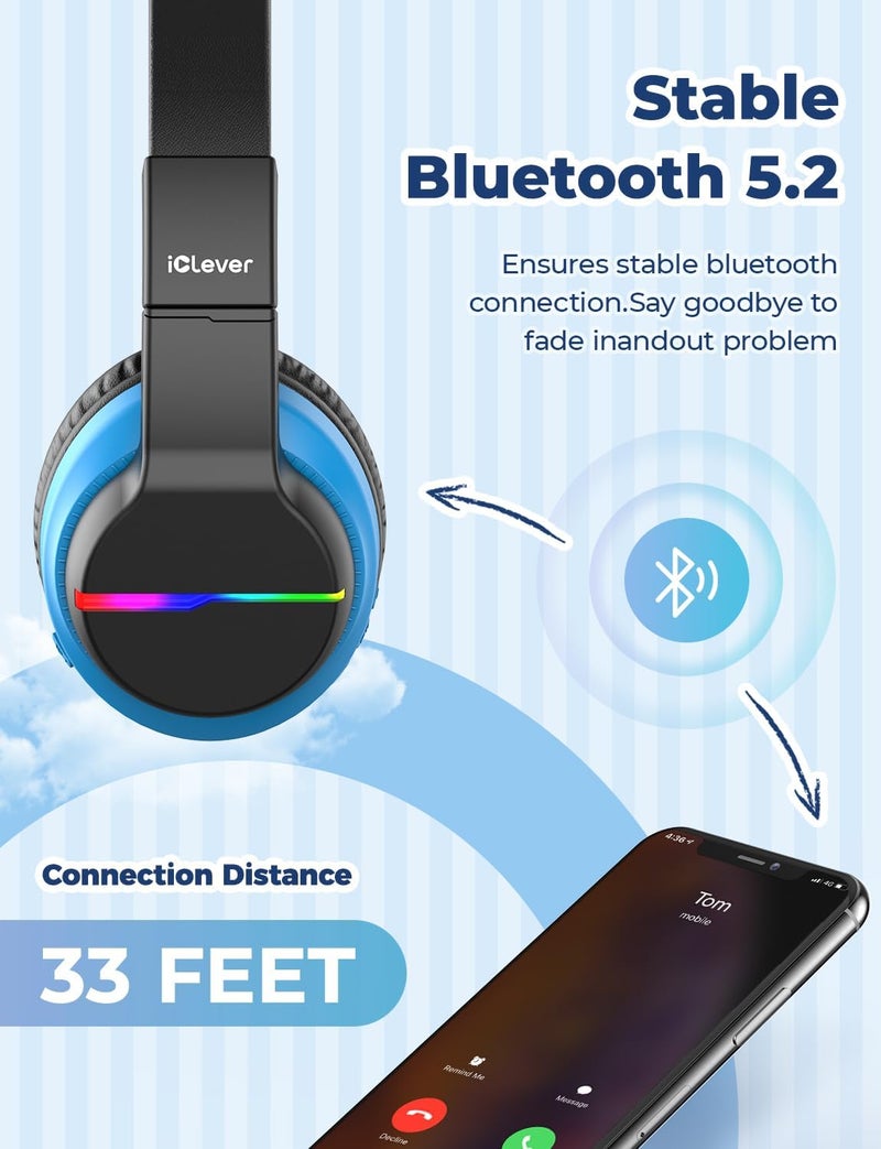iClever Bluetooth Kids Headphones, BTH12 Colorful LED Lights Kids Wireless Headphones Over Ear with 74/85/94dB Volume Limited, 55H Playtime, Bluetooth 5.2, Built-in Mic for School/Tablet/PC - Image 5