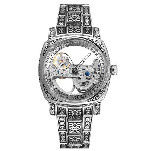 FORSINING Mens Skeleton Watch Roman Number Automatic Self Wind Tourbillon Wrist Watch with Stainless Steel Bracelet Silver - Image 3