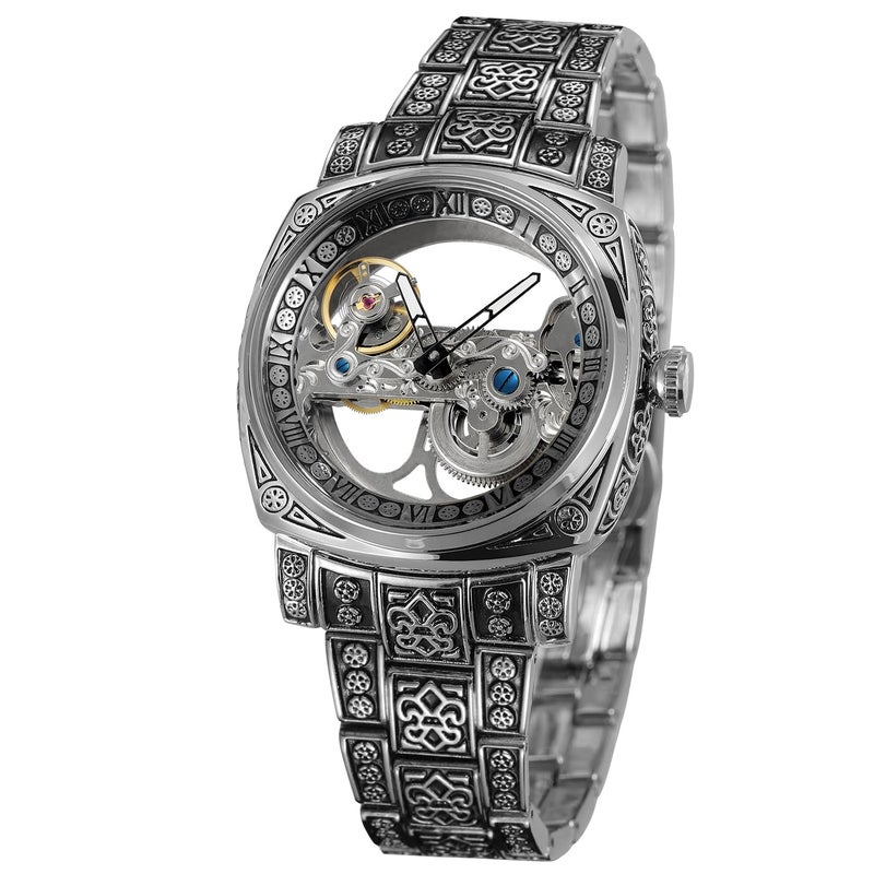 FORSINING Mens Skeleton Watch Roman Number Automatic Self Wind Tourbillon Wrist Watch with Stainless Steel Bracelet Silver - Image 2