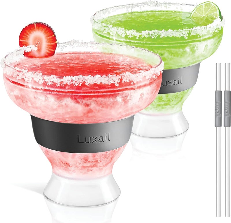 luxail Margarita Glasses, Plastic Margarita Glasses Set of 2, Double Wall Insulated, Stemless Freeze Cooling Cups With Gel, Chiller Set of 2 Grey, 12 Oz Capacity, Margarita gifts - Image 1