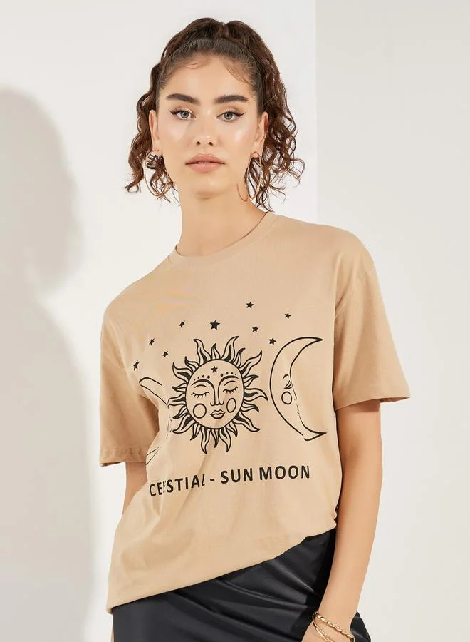 Styli Oversized Sun and Moon Graphic Drop Shoulder T-Shirt