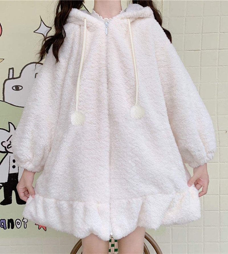 BZB Kawaii Anime Bunny Ear Hoodies For Women Sweet Lovely Fuzzy Fluffy Rabbit Sweater Tops Cosplay Jacket Coats White - Image 2