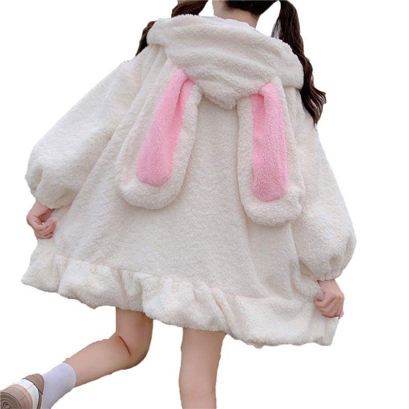 BZB Kawaii Anime Bunny Ear Hoodies For Women Sweet Lovely Fuzzy Fluffy Rabbit Sweater Tops Cosplay Jacket Coats White - Image 1