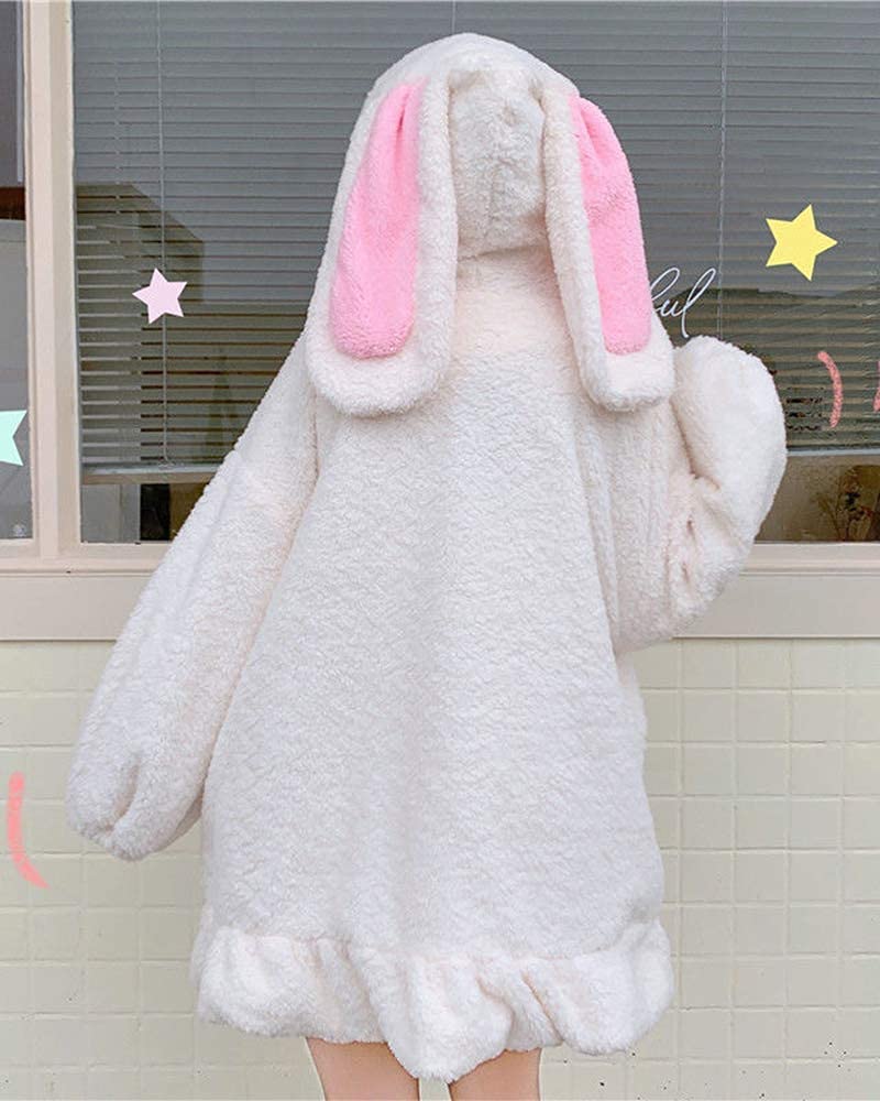 BZB Kawaii Anime Bunny Ear Hoodies For Women Sweet Lovely Fuzzy Fluffy Rabbit Sweater Tops Cosplay Jacket Coats White - Image 4