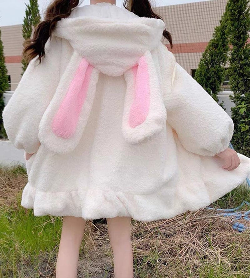 BZB Kawaii Anime Bunny Ear Hoodies For Women Sweet Lovely Fuzzy Fluffy Rabbit Sweater Tops Cosplay Jacket Coats White - Image 5